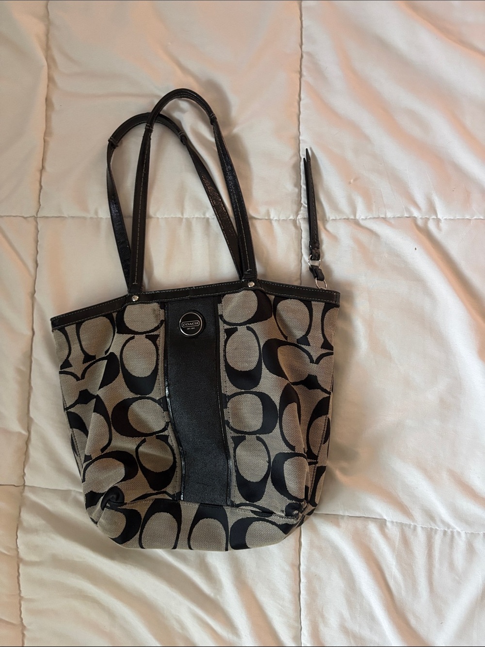 Coach Black & Tan Signature Tote with Leather Trim